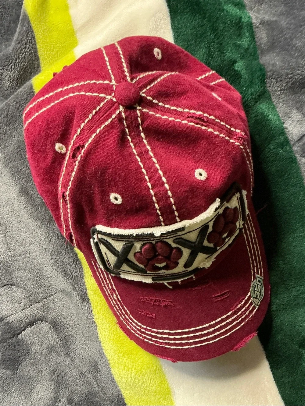 District Red  XOX Paws Distressed Baseball Cap Maroon Burgundy Washed